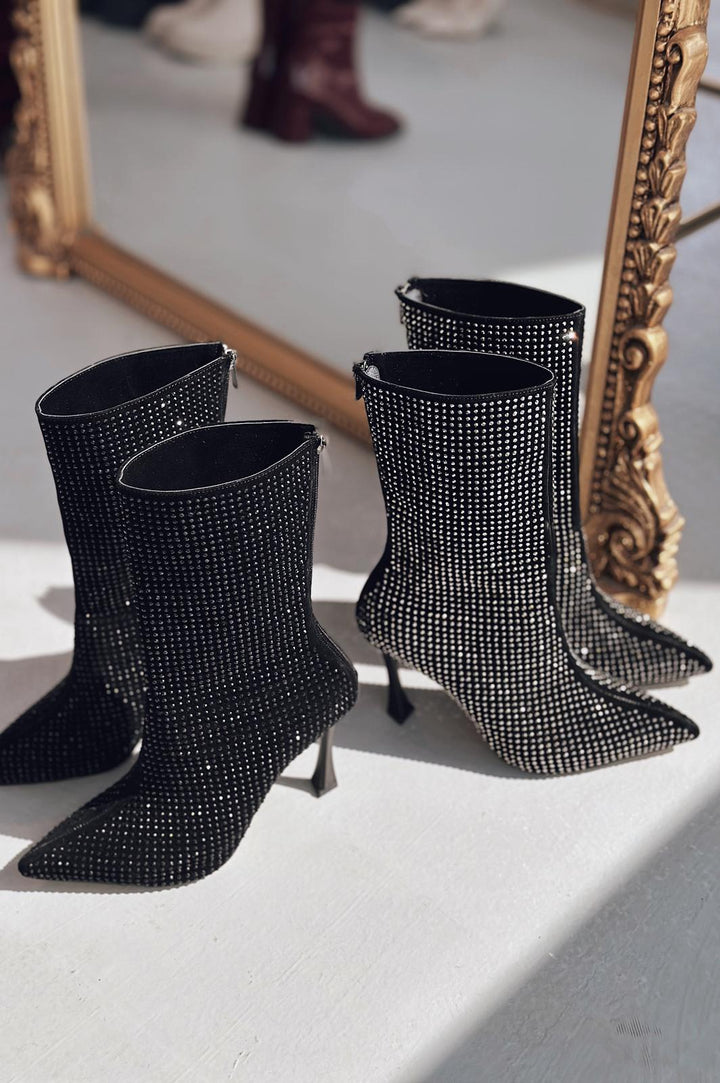 Simley Topuklu Kadın Çizme Siyah Süet Gri Taşlı - ILOVESHOES