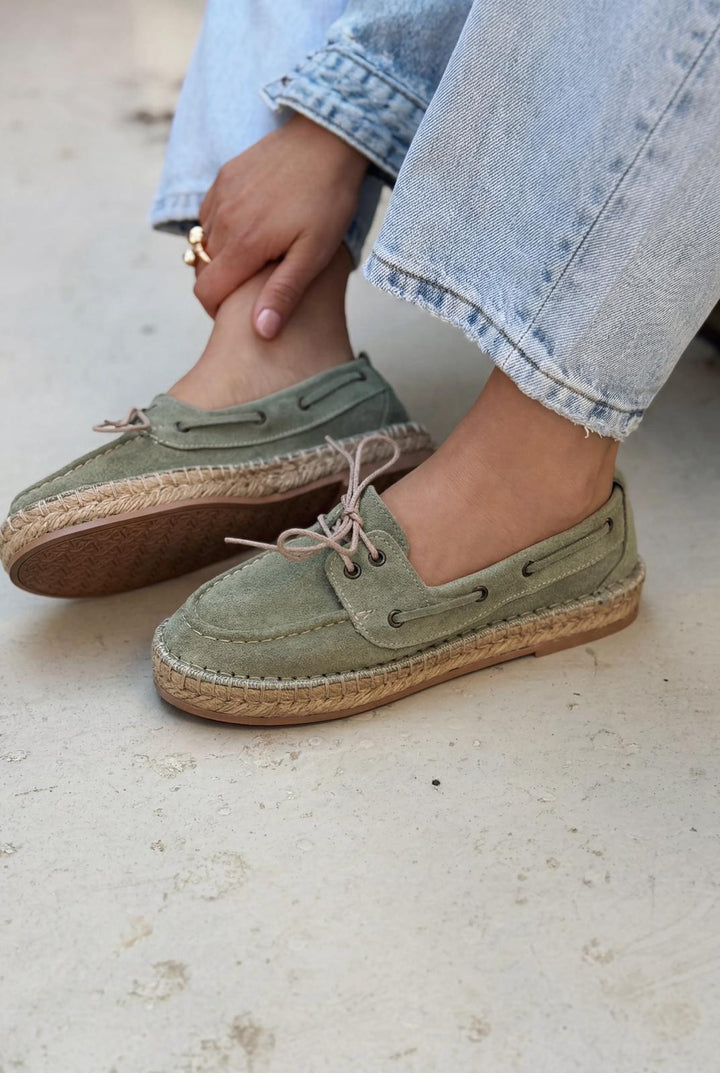 Selora Bağcıklı Espadril Yeşil Hakiki Süet - ILOVESHOES