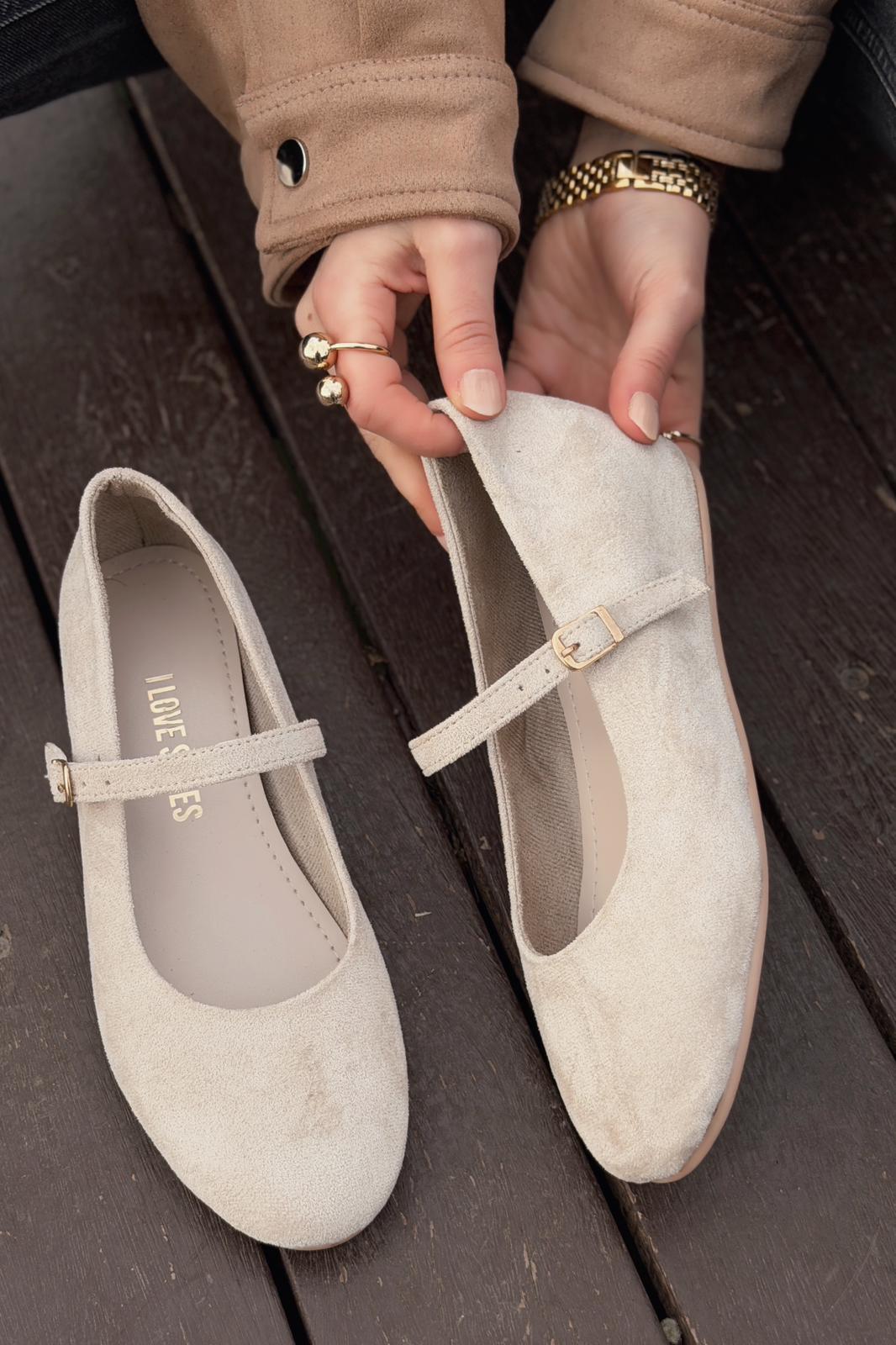 Tenris Kadın Babet Bej Süet Dolgu Topuklu - ILOVESHOES