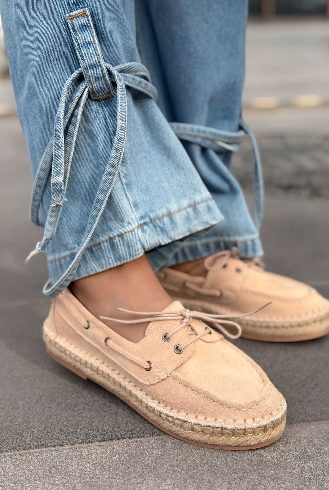 Selora Hakiki Süet Bağcıklı Espadril Bej - ILOVESHOES