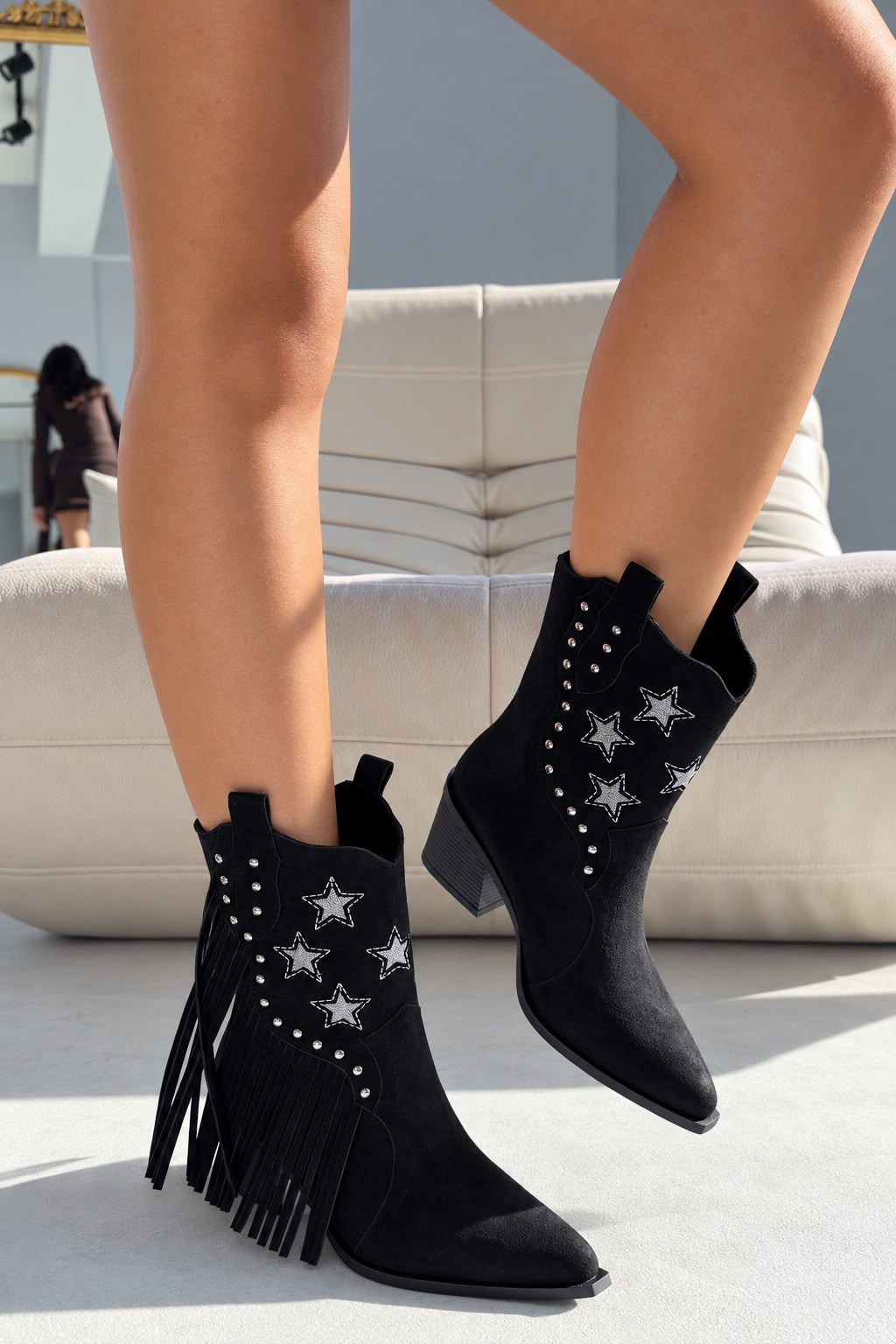 Silvene Siyah Süet Kadın Kovboy Çizme - ILOVESHOES