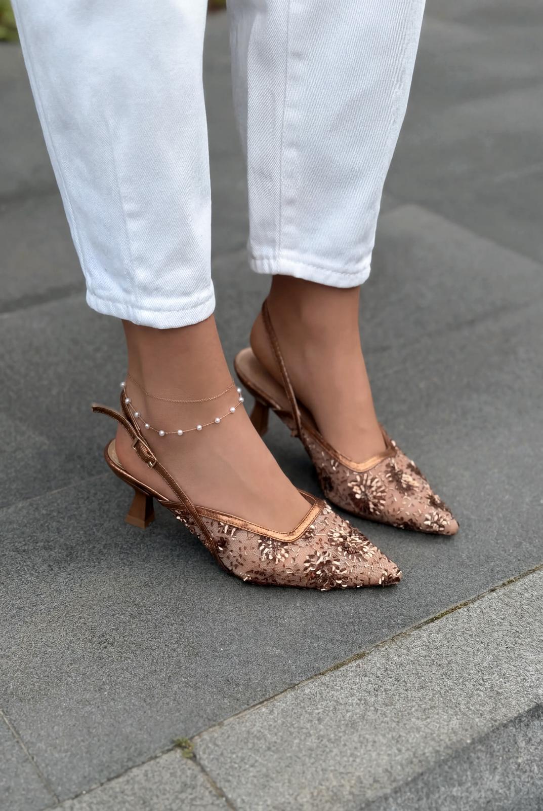 Serona Stiletto Bronz Nakışlı - ILOVESHOES