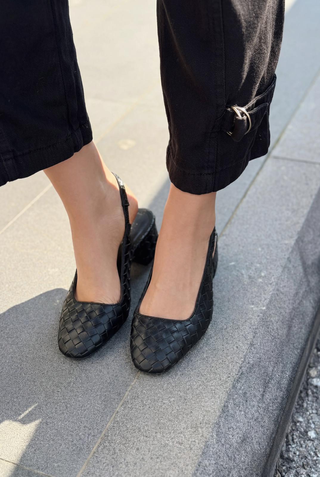 Solen Mary jane Topuklu Ayakkabı Siyah Mat Deri Örgü Detaylı - ILOVESHOES