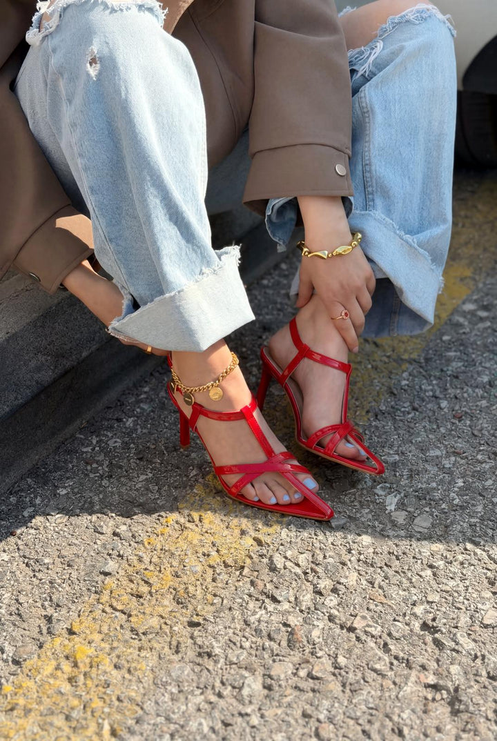 Morlen Topuklu Sandalet Kırmızı Rugan - ILOVESHOES