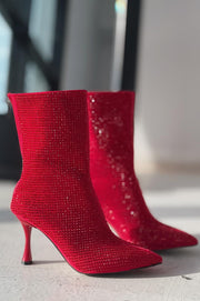 Simley Süet Kırmızı Taş Detaylı Topuklu Kadın Çizme Kırmızı - ILOVESHOES