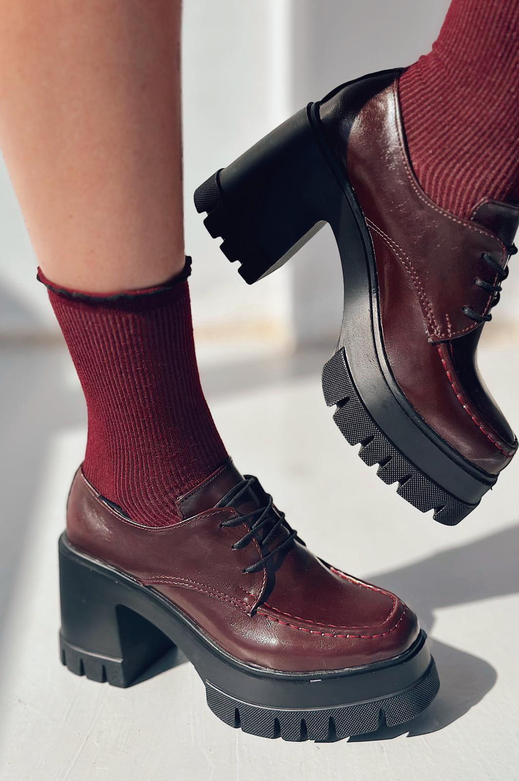 Sapetos Kalın Taban Topuklu Kadın Loafer Bordo Mat Rugan - ILOVESHOES