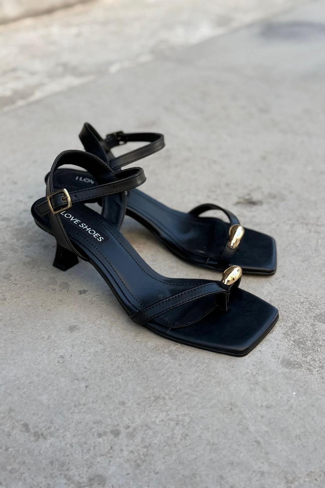 Pamori Mat Deri Siyah Parmak Arası Topuklu Sandalet - ILOVESHOES