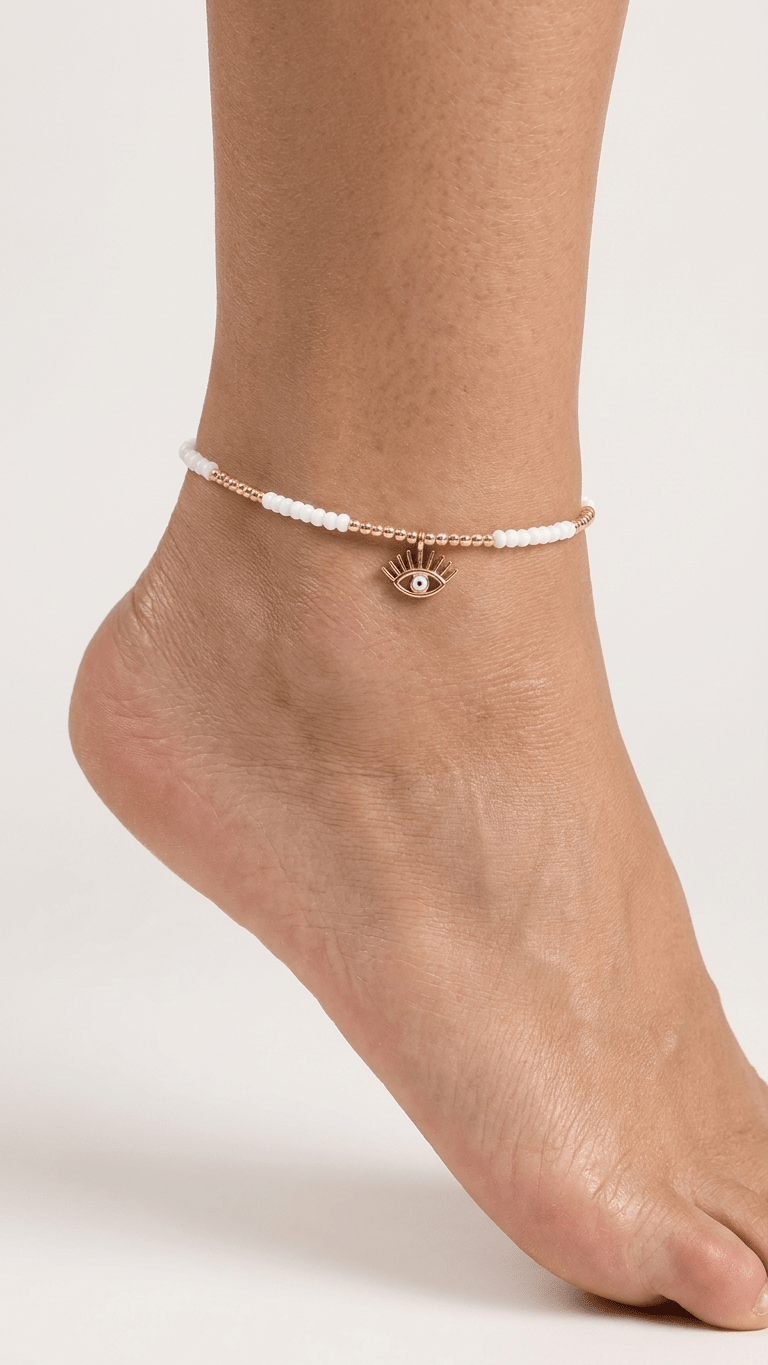 ILS - 1134 Beyaz Renk Boncuklu Nazarlı Göz Figürlü Halhal - ILOVESHOES