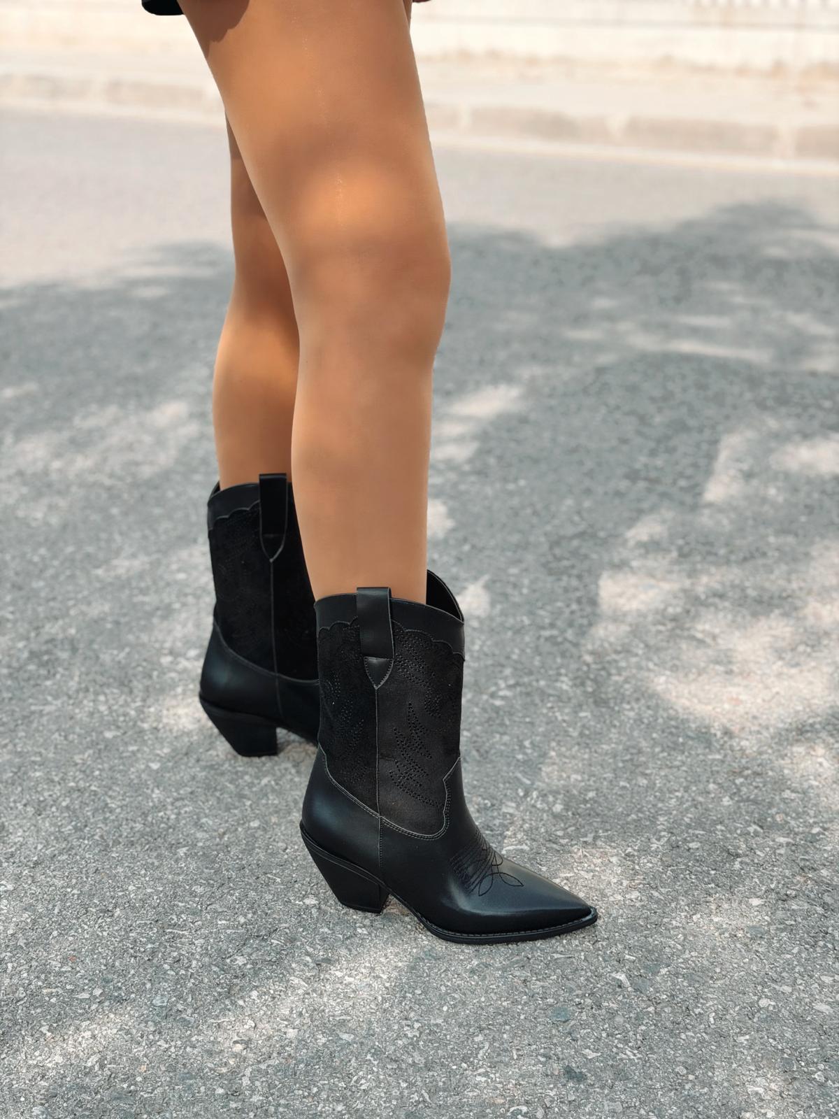 Marnel Kadın Kovboy Çizme Siyah Nakışlı - ILOVESHOES