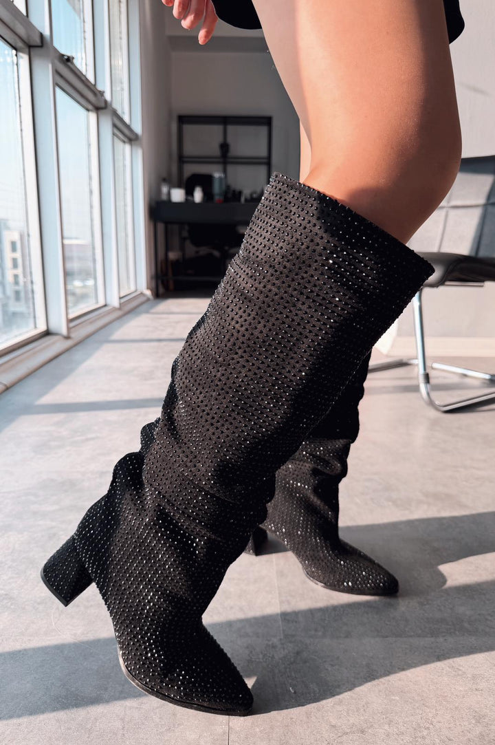 Lamorin Kadın Topuklu XL Çizme Süet Siyah Taş Detaylı - ILOVESHOES