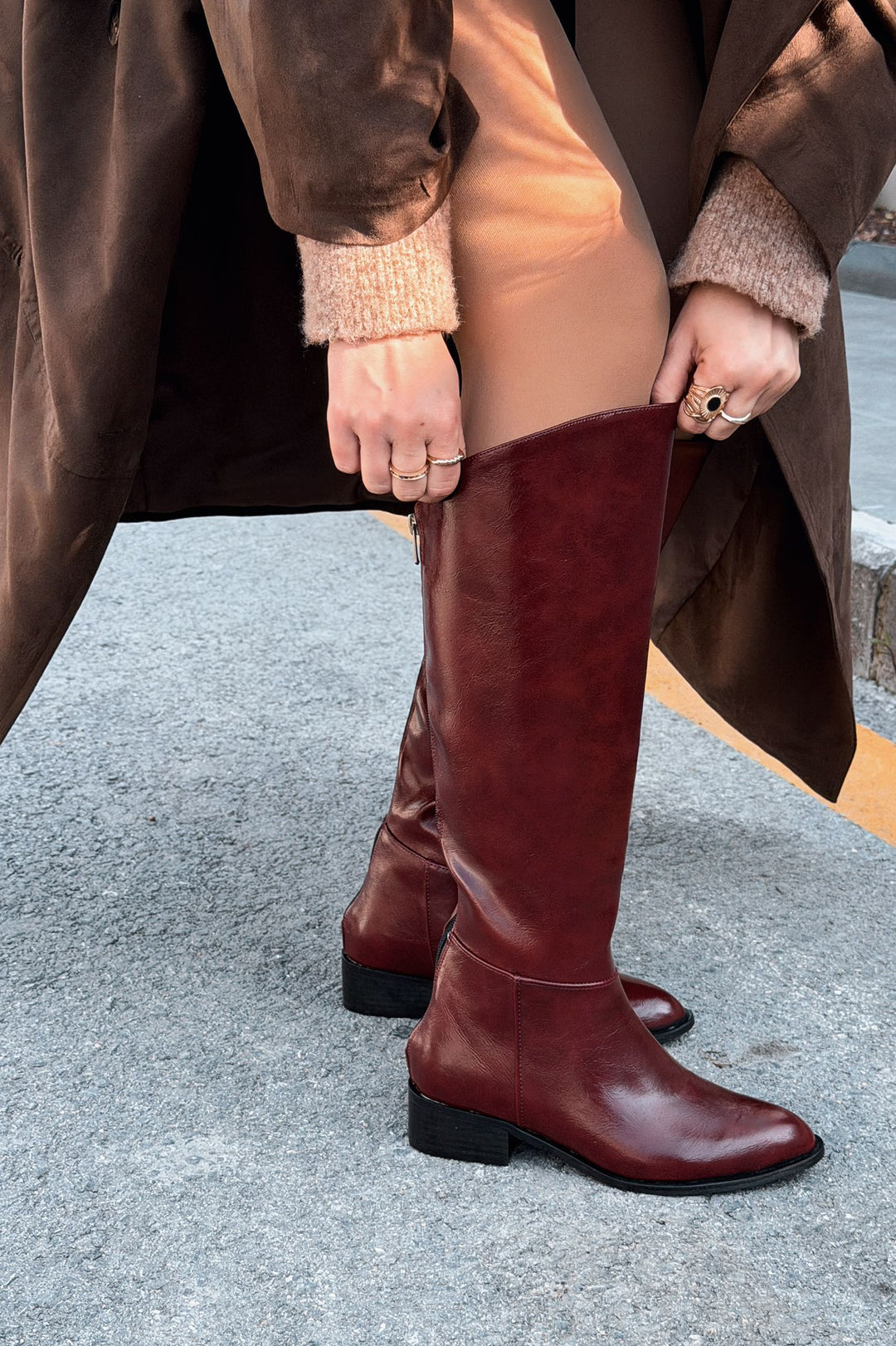 Roviles Kadın Çizme Bordo Kırışık Rugan - ILOVESHOES