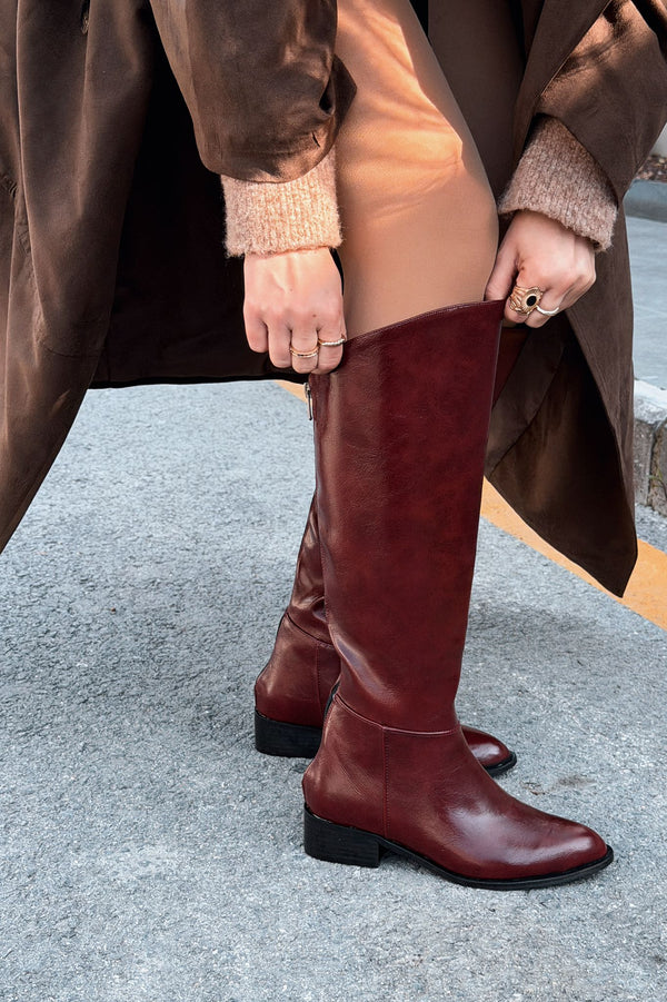 Roviles Kadın Çizme Bordo Kırışık Rugan - ILOVESHOES