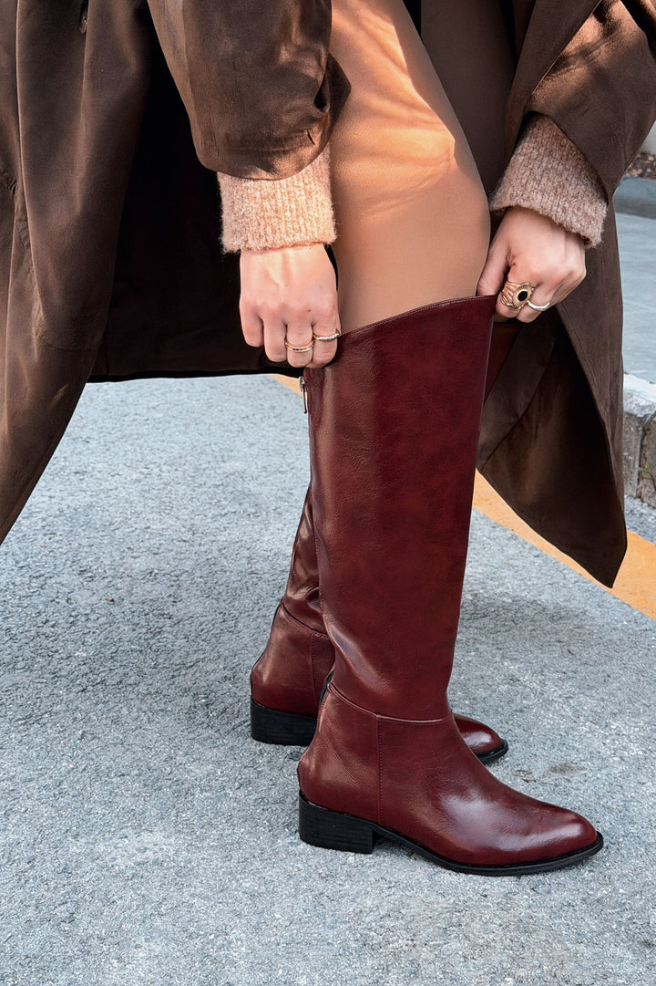 Roviles Kadın Çizme Bordo Kırışık Rugan - ILOVESHOES