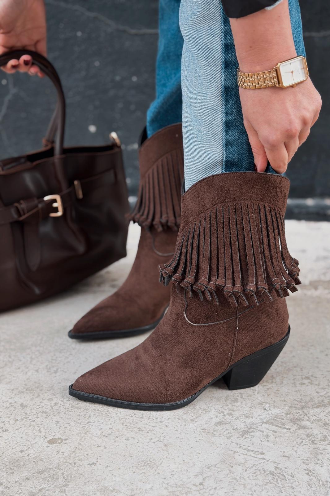 Iserne Kadın Kovboy Bot Acıkahve Süet Püsküllü - ILOVESHOES