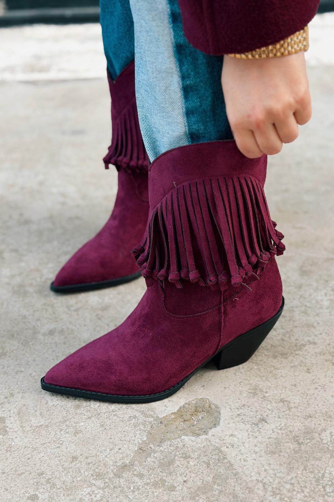 Iserne Kadın Kovboy Bot Bordo Süet Püsküllü - ILOVESHOES