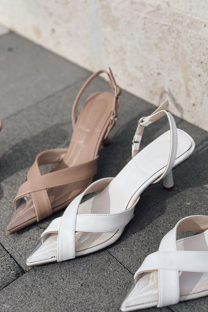 Savro Mat Deri Şeffaf Detaylı Stiletto Beyaz