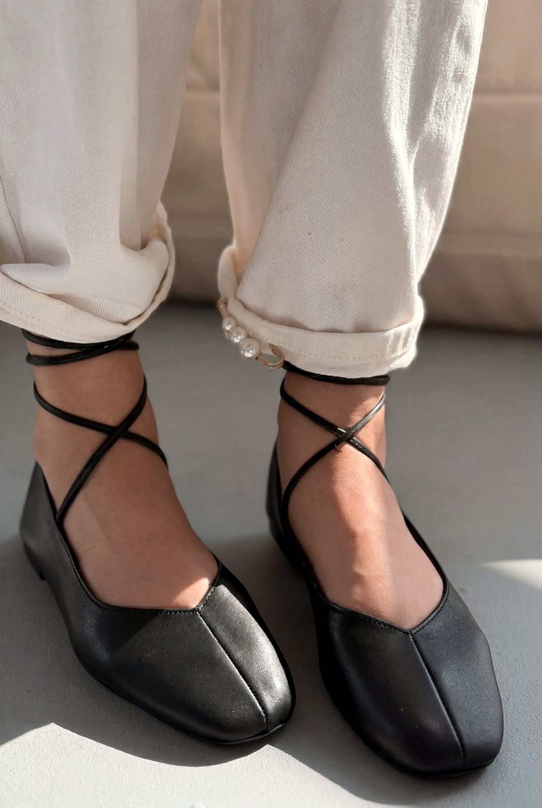 Morven Hakiki Deri Siyah Kadın Babet - ILOVESHOES