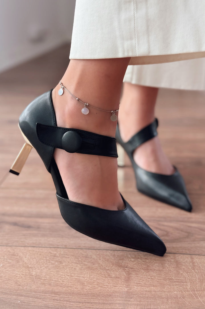 Wasord Mat Deri Düğme Detaylı Stiletto Siyah