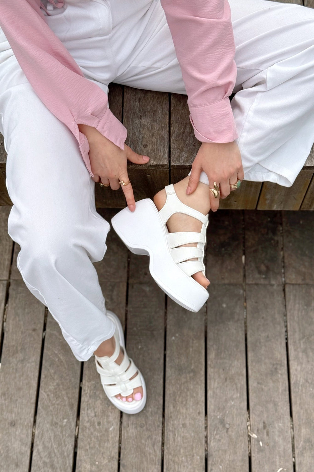 Oneyas Mat Deri Kadın Topuklu Sandalet Beyaz - ILOVESHOES Türkiye