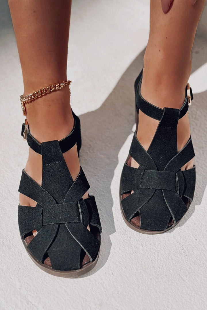 Valen Süet Siyah Düz Kadın Sandalet - ILOVESHOES