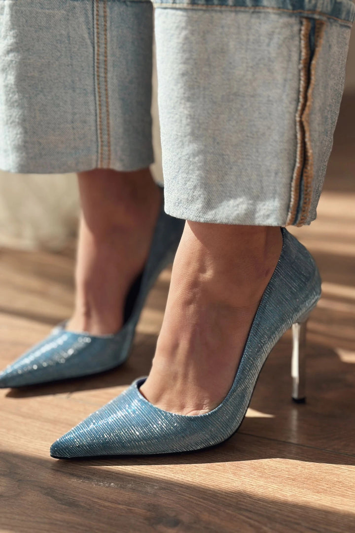 Tolfi Parlak Deri Topuk Detaylı Stiletto Mavi