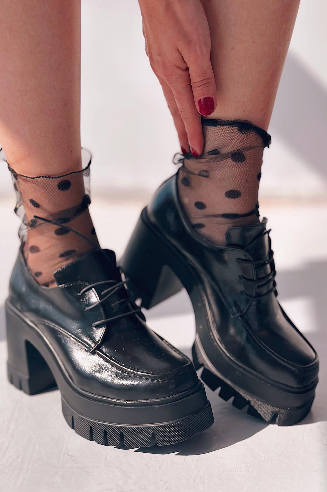 Sapetos Kalın Taban Topuklu Kadın Loafer Siyah Mat Rugan - ILOVESHOES