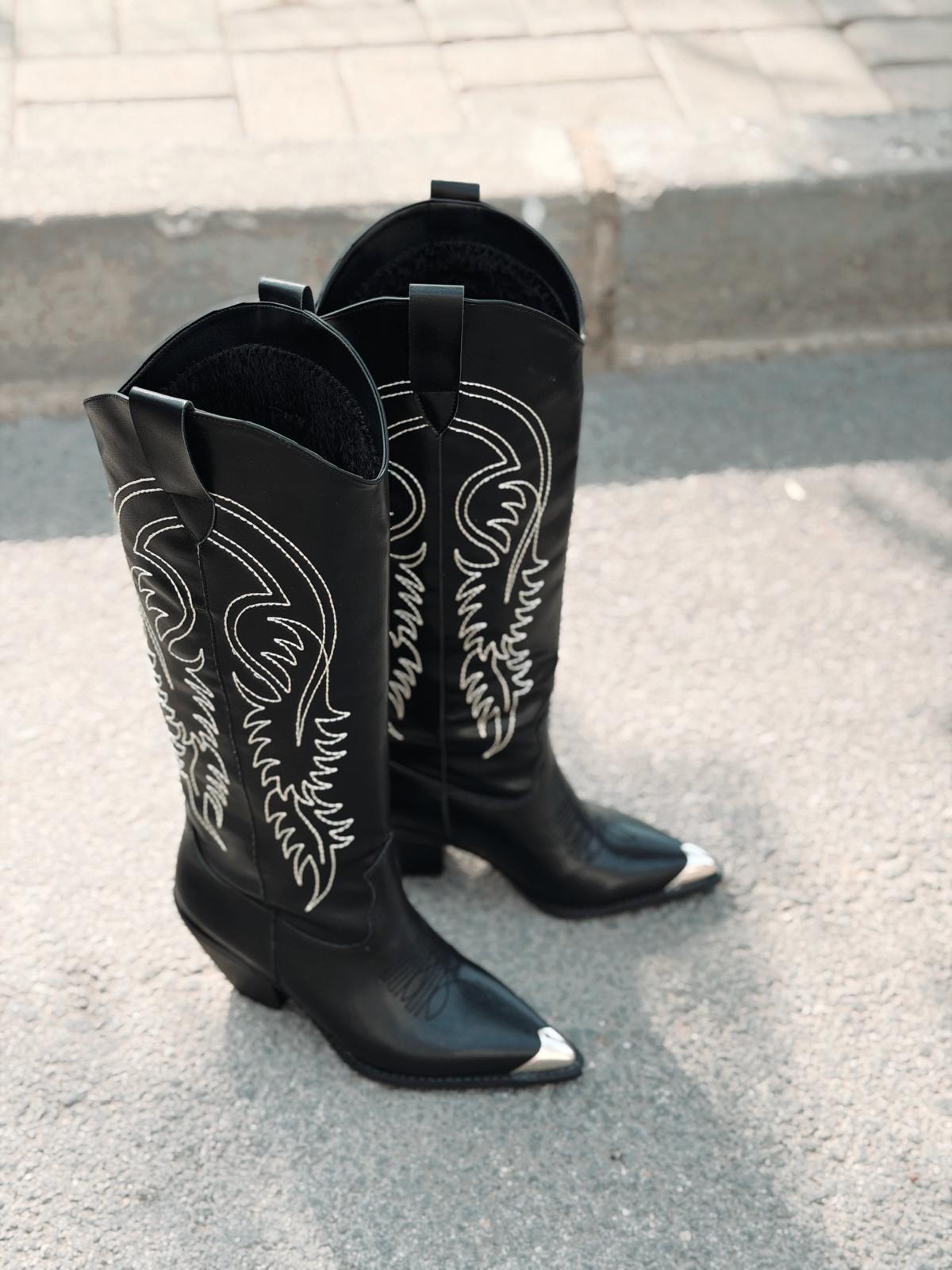 Orren Kadın Kovboy Çizme Siyah Mat Deri - ILOVESHOES