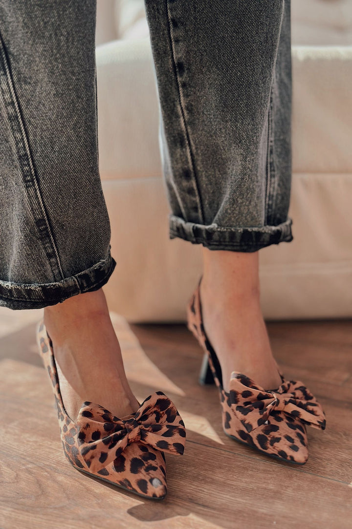 Rensav Saten Kurdele Detaylı Kadın Stiletto Leopar Desenli