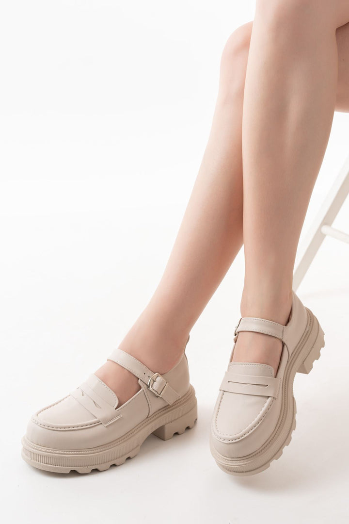 Clavix Mat Deri Bej Yüksek Tabanlı Loafer Ayakkabı - ILOVESHOES