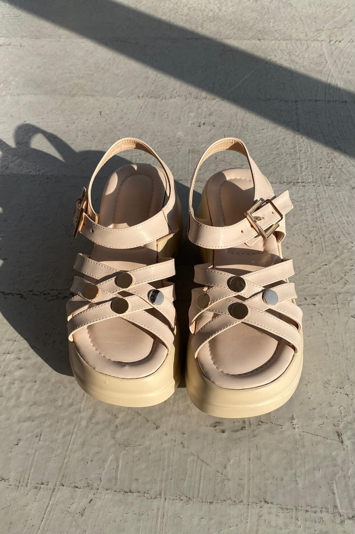 Tonels Mat Deri Kalın Taban Kadın Sandalet Bej - ILOVESHOES