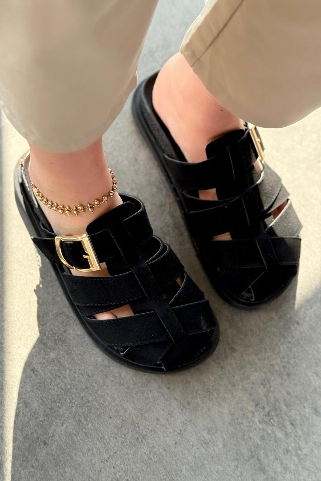 Polra Süet Siyah Düz Kadın Terlik - ILOVESHOES