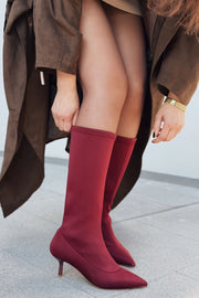 Ralve Kadın Topuklu Streç Çizme Bordo Dalgıç Kumaş - ILOVESHOES