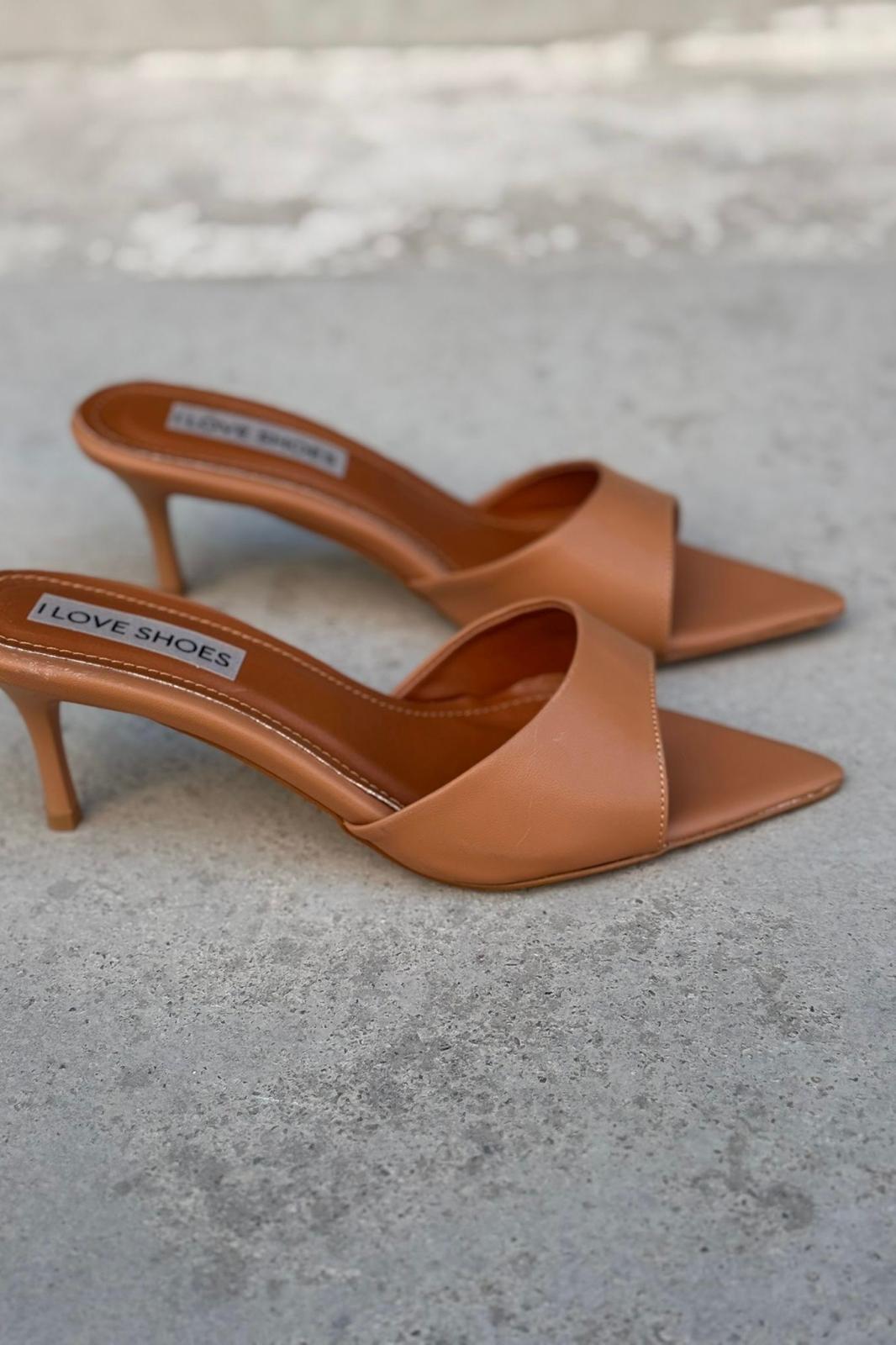 Yonspe Mat Deri İnce Topuklu Terlik Taba - ILOVESHOES