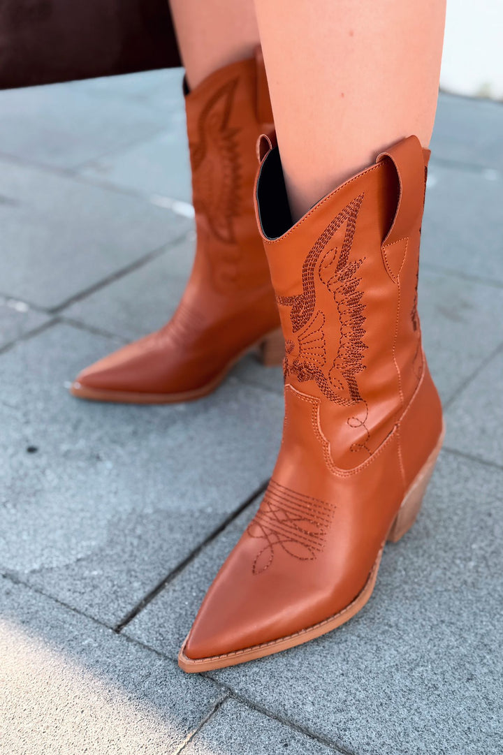 Slaine Kadın Kovboy Bot Taba Mat Deri Nakışlı - ILOVESHOES