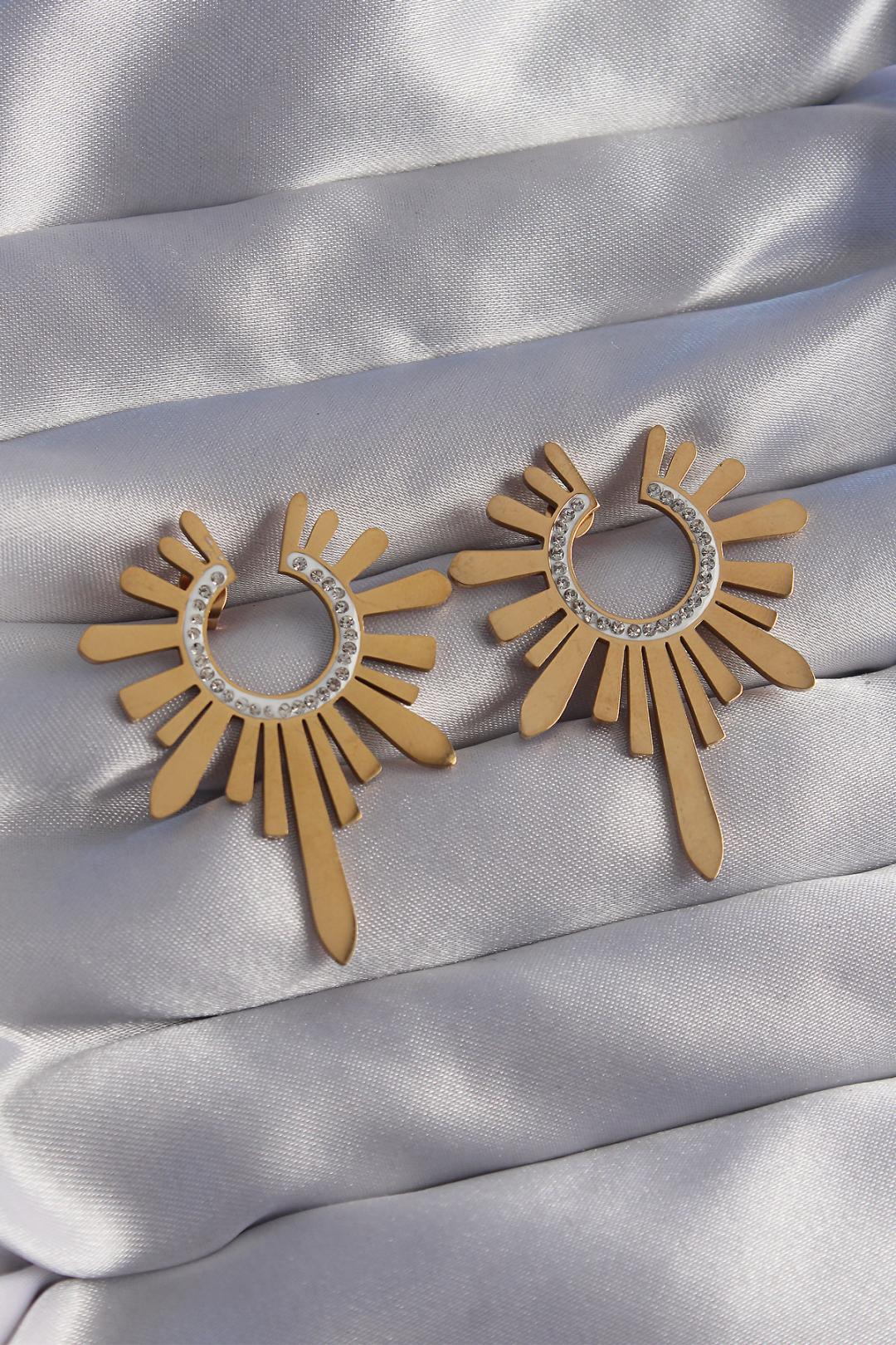 ILS-1153-316L Çelik Gold Renk Zirkon Taşlı Güneş Figürlü Küpe