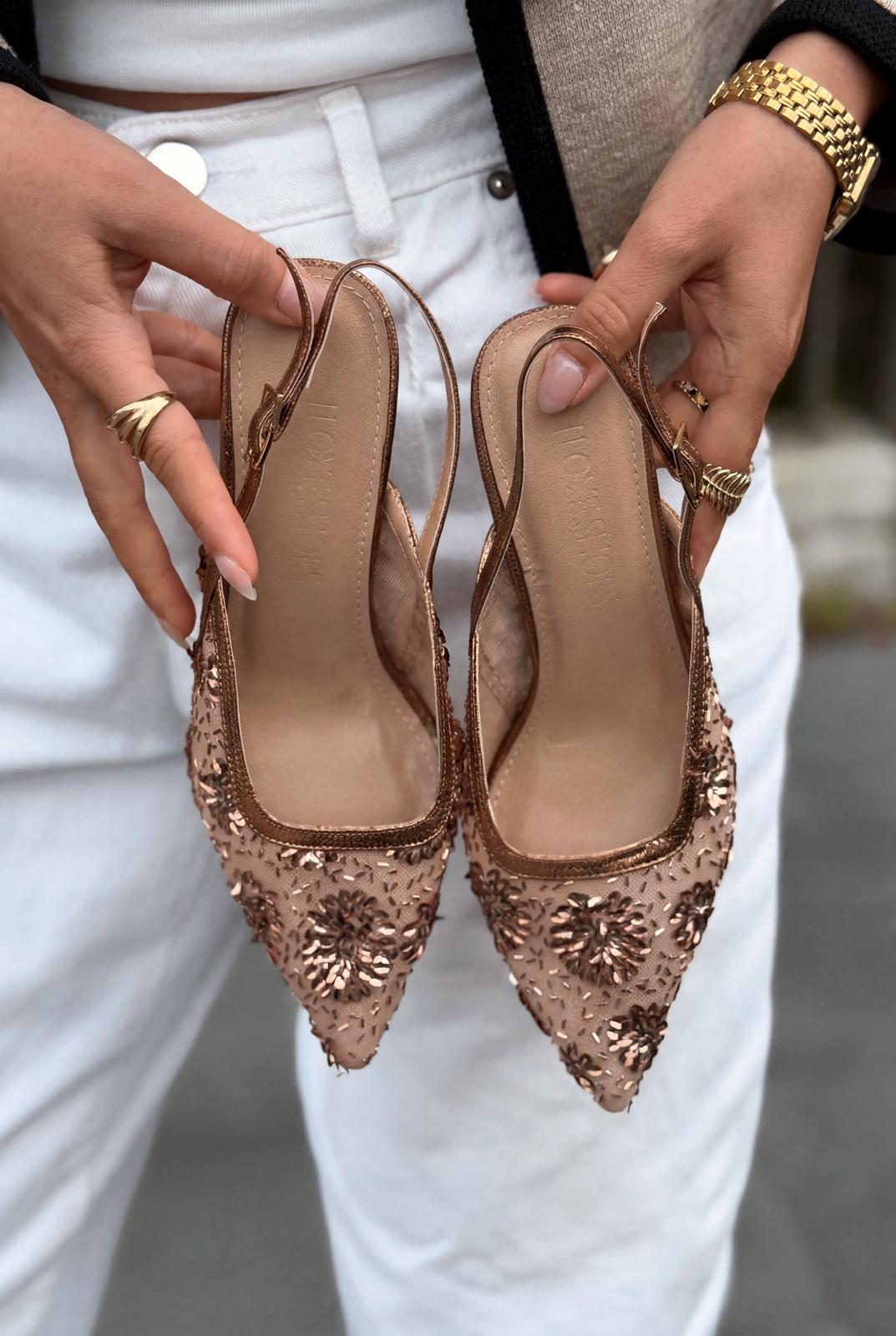 Serona Stiletto Bronz Nakışlı - ILOVESHOES
