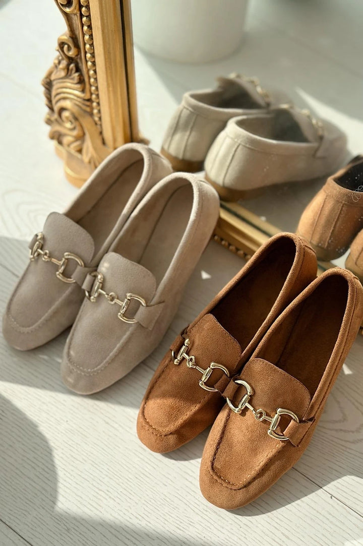 Lofin Süet Toka Detaylı  Kadın Loafer Bej