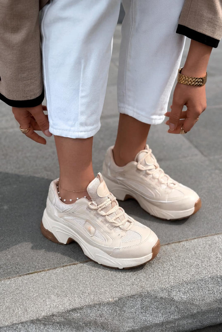 Norser Hakiki Deri Kadın Spor Ayakkabı Bej - ILOVESHOES