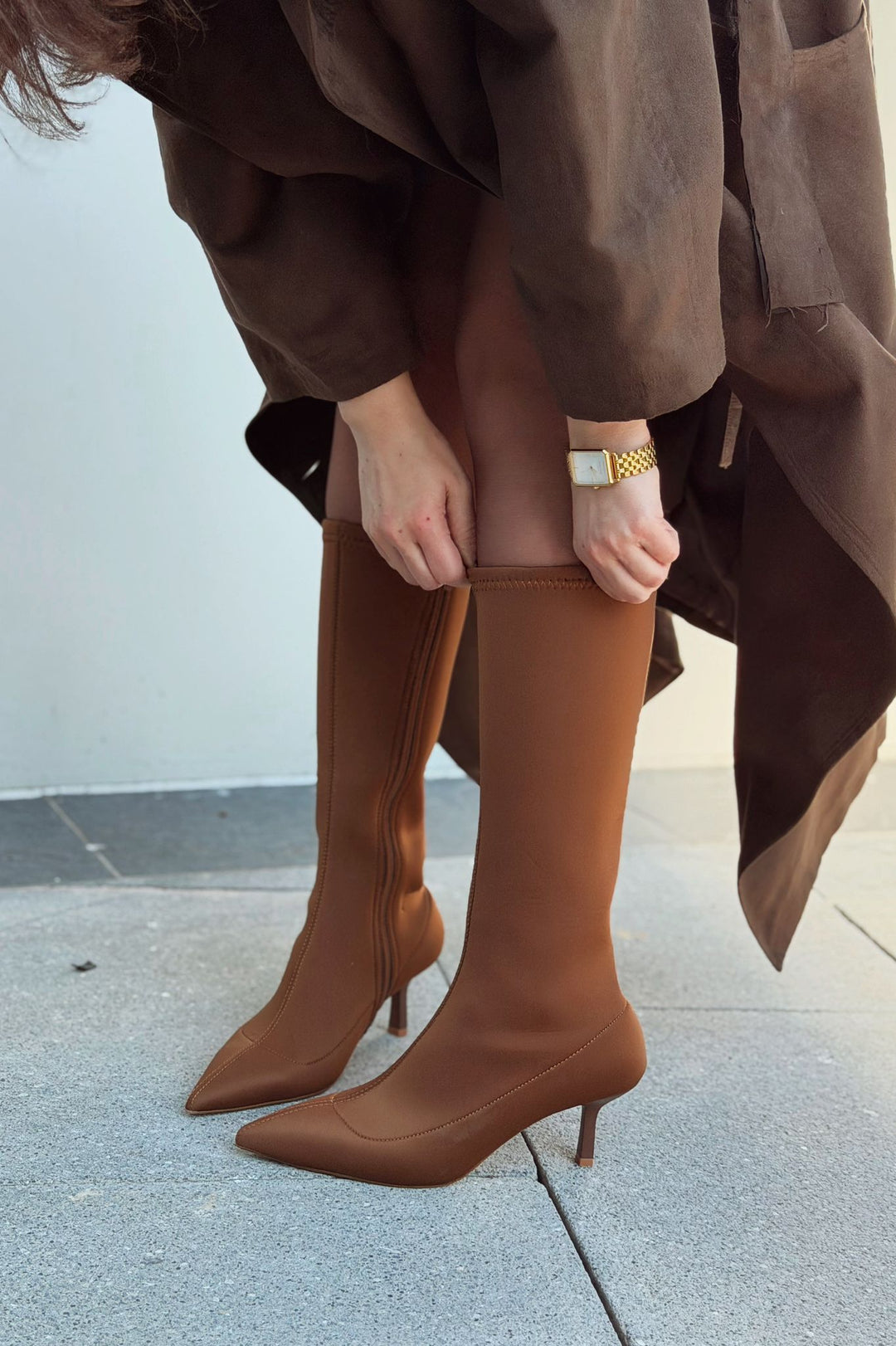 Ralve Kadın Topuklu Streç Çizme Taba Dalgıç Kumaş - ILOVESHOES