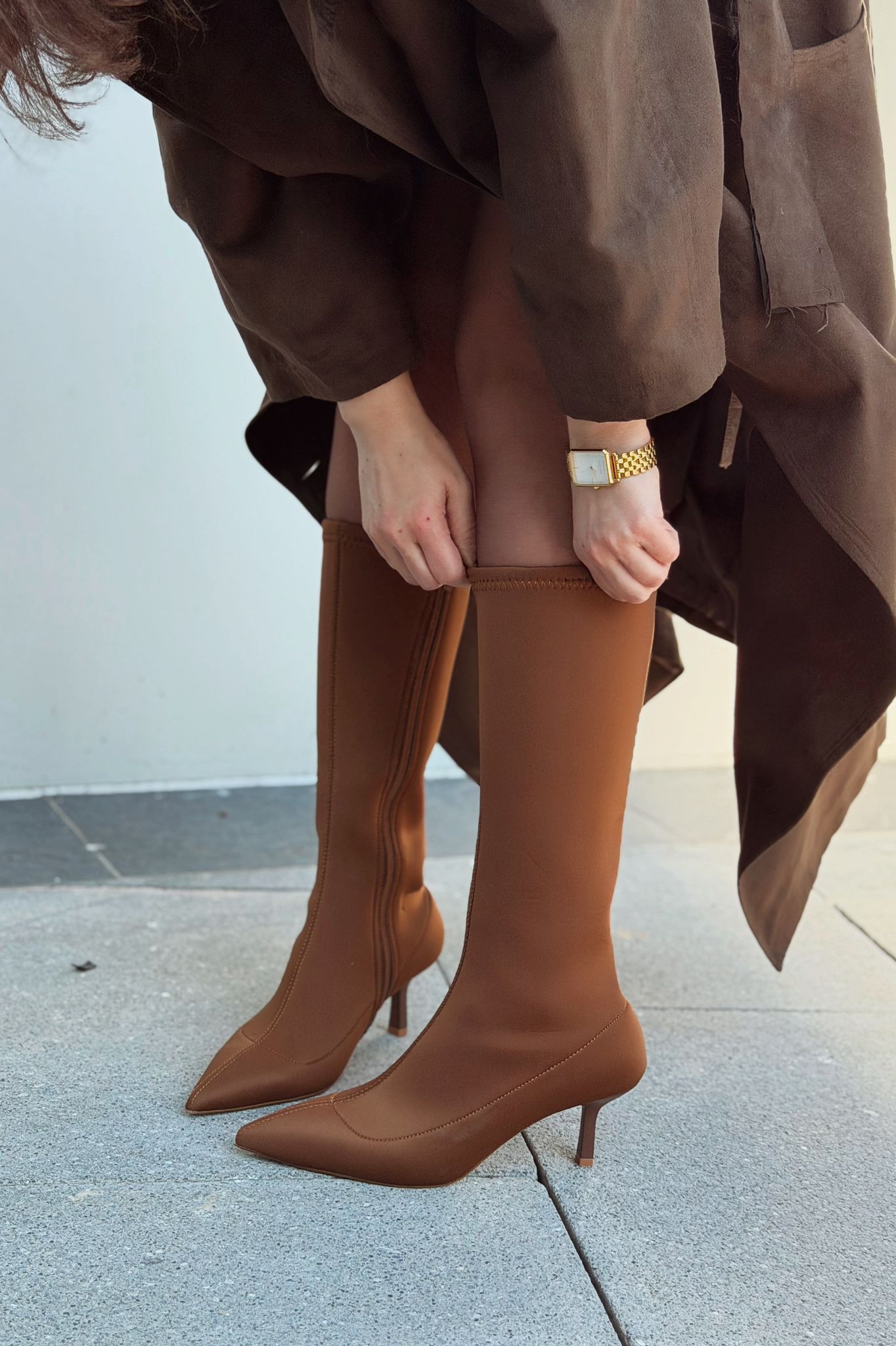 Ralve Kadın Topuklu Streç Çizme Taba Dalgıç Kumaş - ILOVESHOES