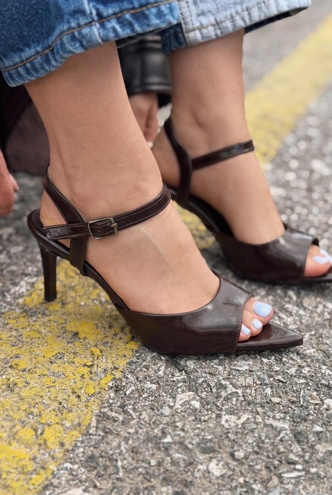 Ardor Topuklu Sandalet Acıkahve Kırışık Rugan - ILOVESHOES
