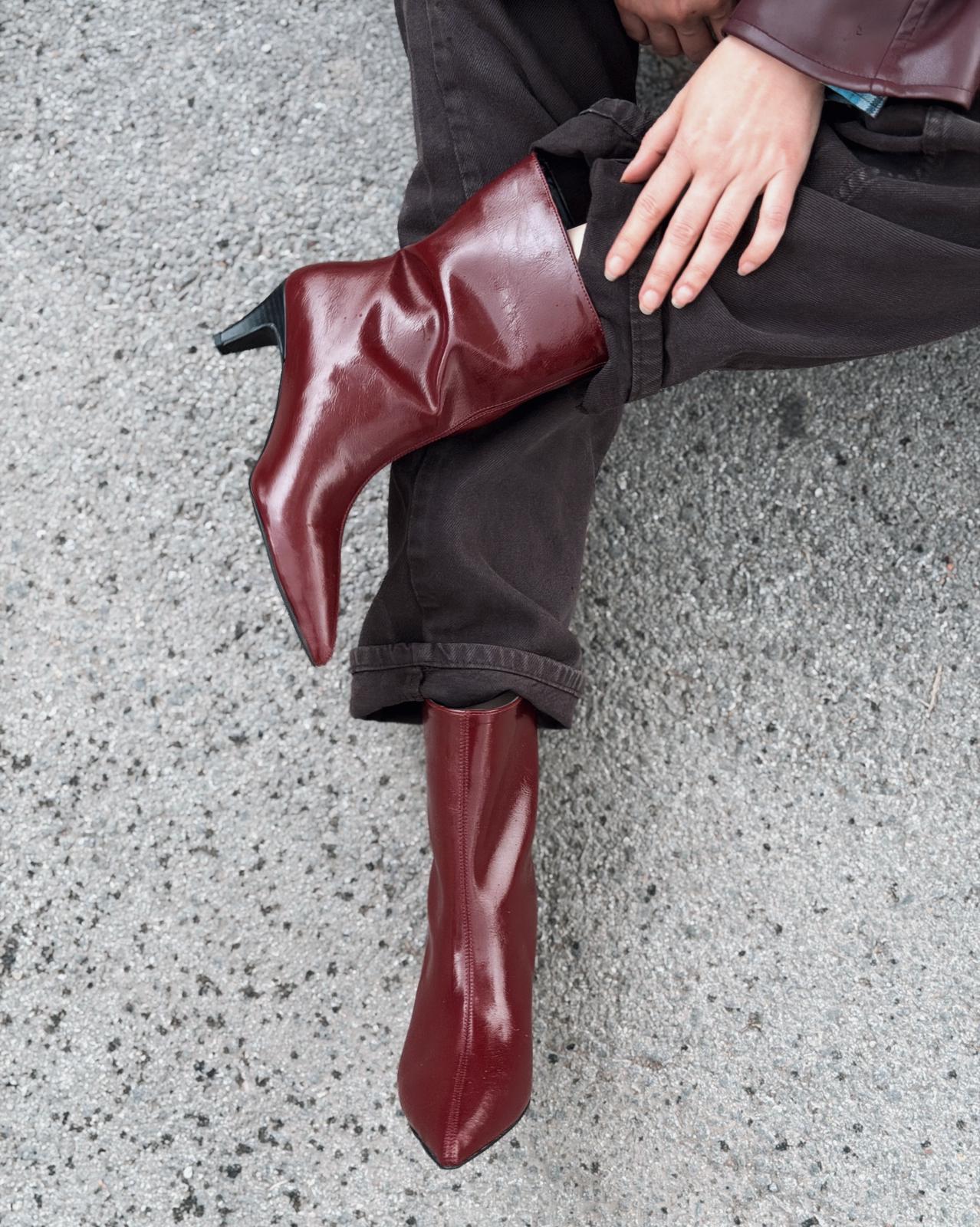 Silvar Kadın Topuklu Bot Bordo Kırışık Rugan - ILOVESHOES