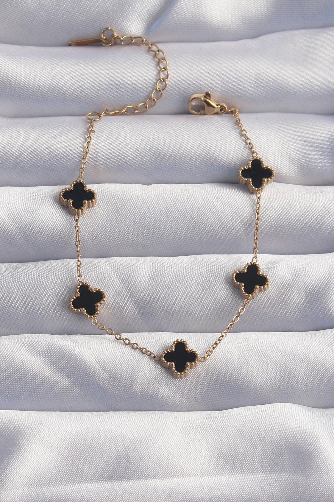 ILS - 1023 Kadın Baby Boy Bileklik Gold - Siyah Çelik Yoncalı - ILOVESHOES