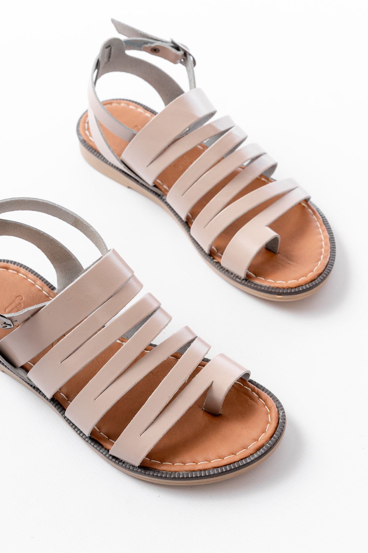 Monya Hakiki Deri Beyaz Düz Kadın Sandalet - ILOVESHOES