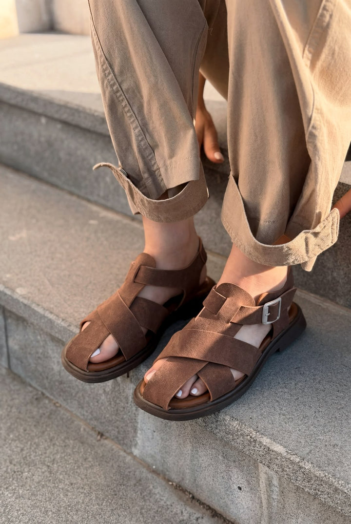 Evyra Acı Kahve Süet Kadın Sandalet - ILOVESHOES