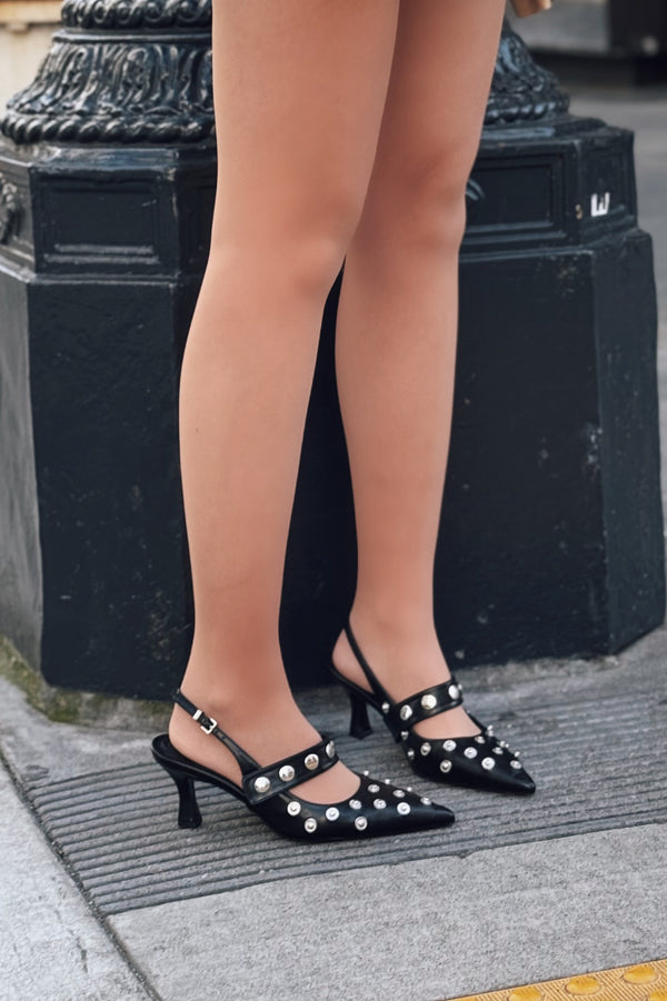 Selorin Mat Deri Zımba Detaylı Stiletto Siyah - ILOVESHOES