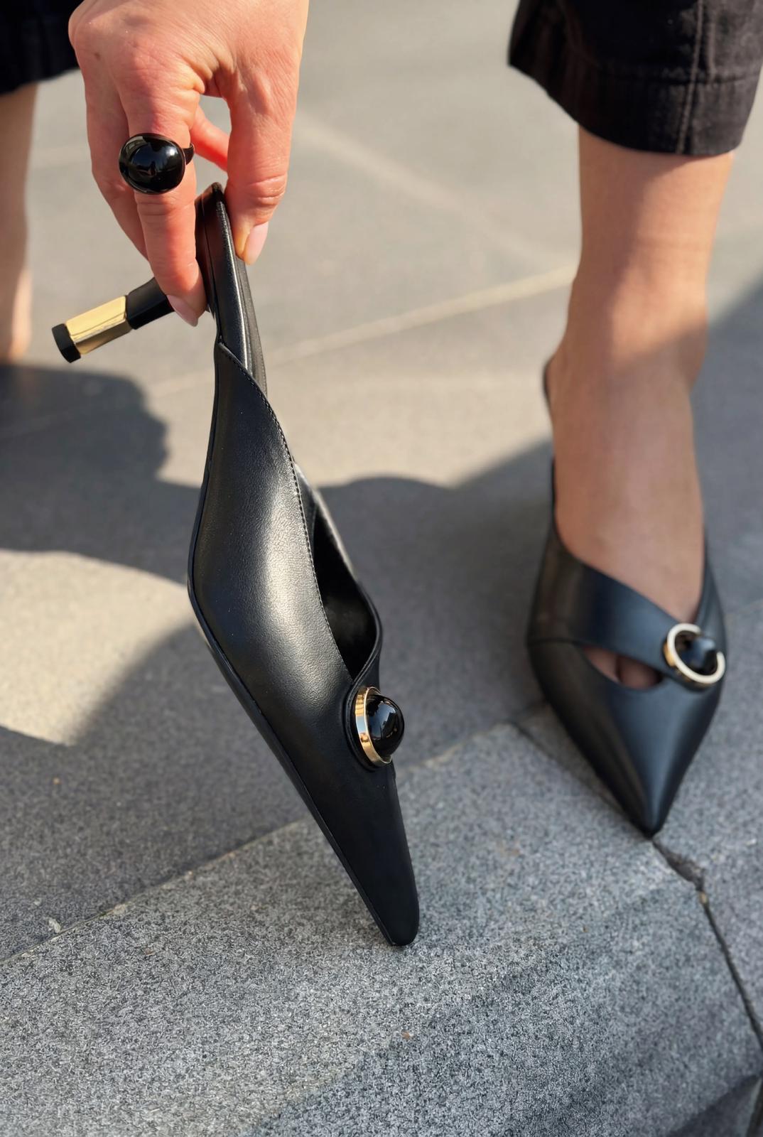 Delvor Topuklu Terlik Siyah Mat Deri - ILOVESHOES