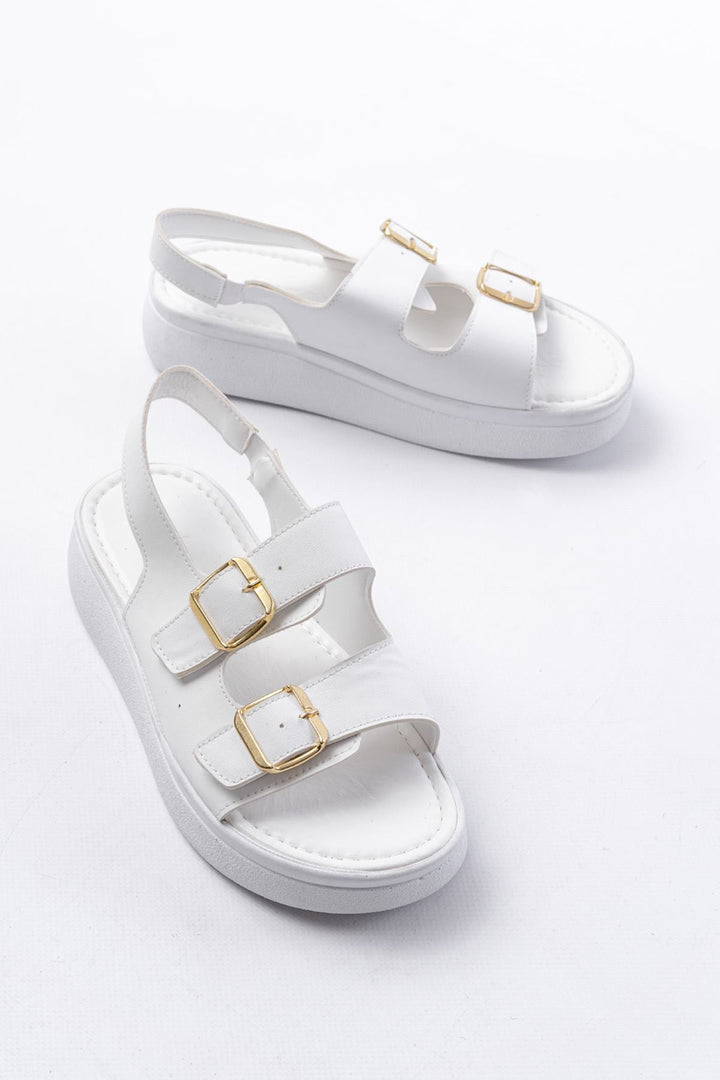 Lirona Mat Deri Beyaz Toka Detaylı Kadın Sandalet - ILOVESHOES