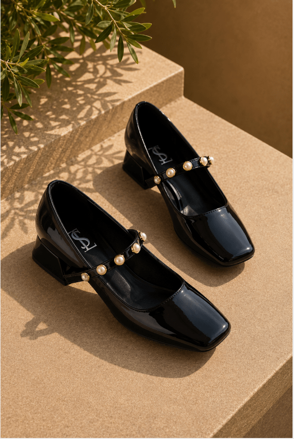 Myrel Siyah İnci Detaylı Rugan Kadın Marry Jane - ILOVESHOES