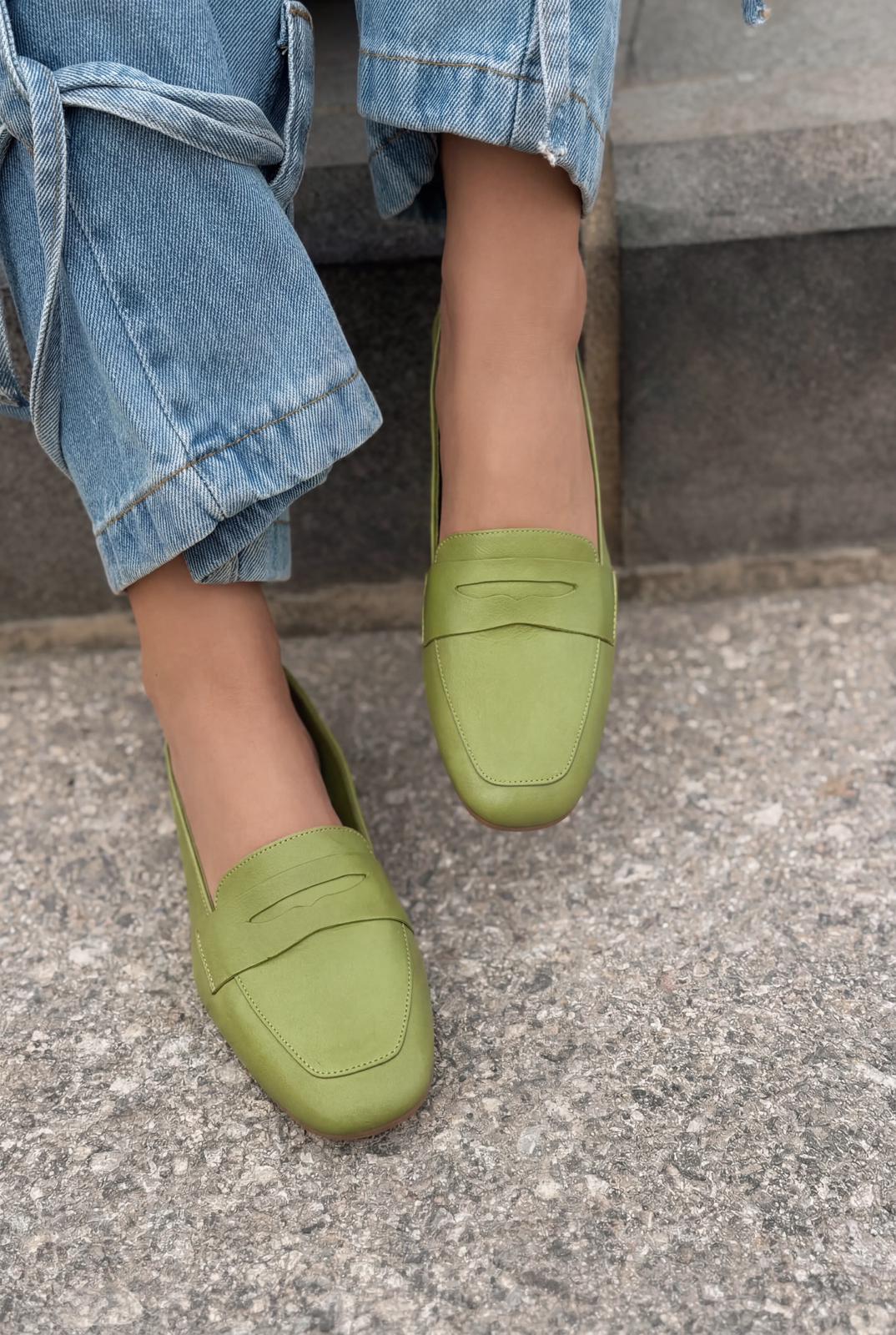 Melniel Hakiki Deri Kadın Loafer Yeşil - ILOVESHOES